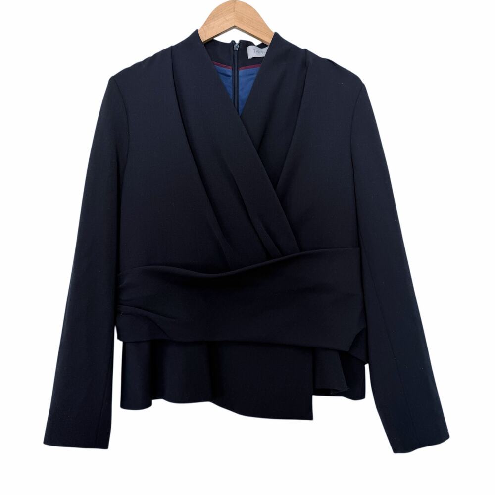 The Fold Navy Blue Wool Blend Belleville Long Sleeve Crepe Top Sz 16